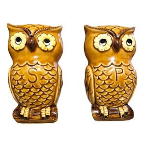 Vintage 1970s Owl Salt Pepper Shakers Japan Ceramic Brown Retro MCM Birds